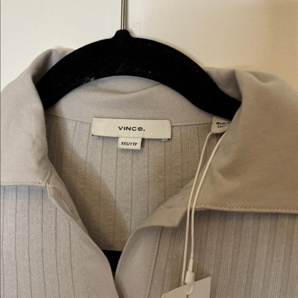 Vince Ribbed Polo-Collar Button-Front Cardigan Top in Salt Glass – Size XXS - Picture 4 of 11